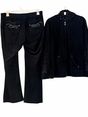 Style & Co. Black Velour Rhinestone-Embellished Hoodie & Flare Pants Set Size L